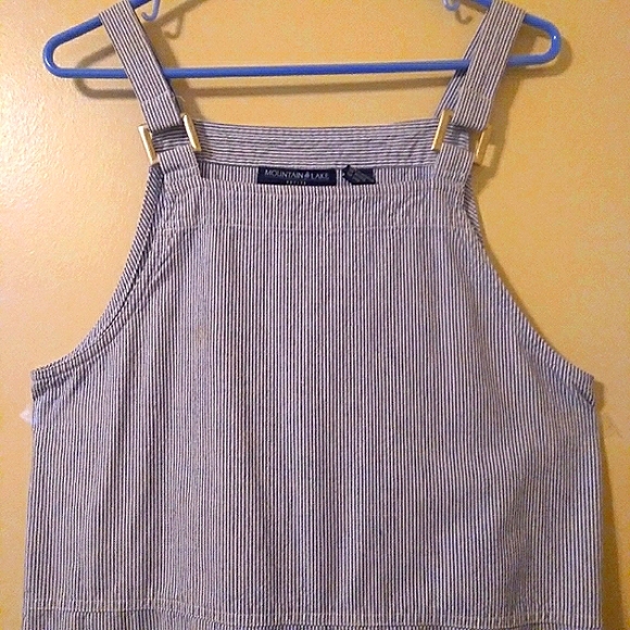 Y2K Mountain Lake Striped Denim Overall Dress Size Medium Petite - Picture 2 of 16